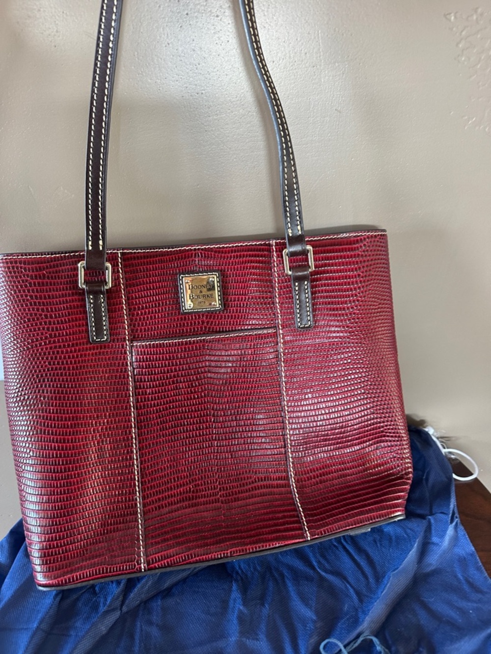 Dooney & Bourke Red Textured Tote with Dark Brown Handles